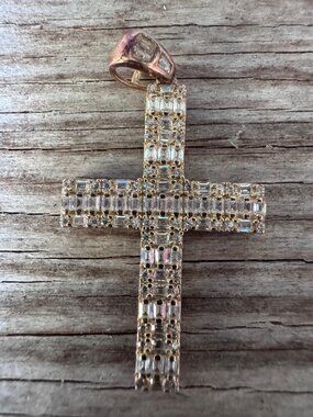 EHC 925 Sterling Silver Gold Vermeil CZ Baguette Cross Pendant 2"